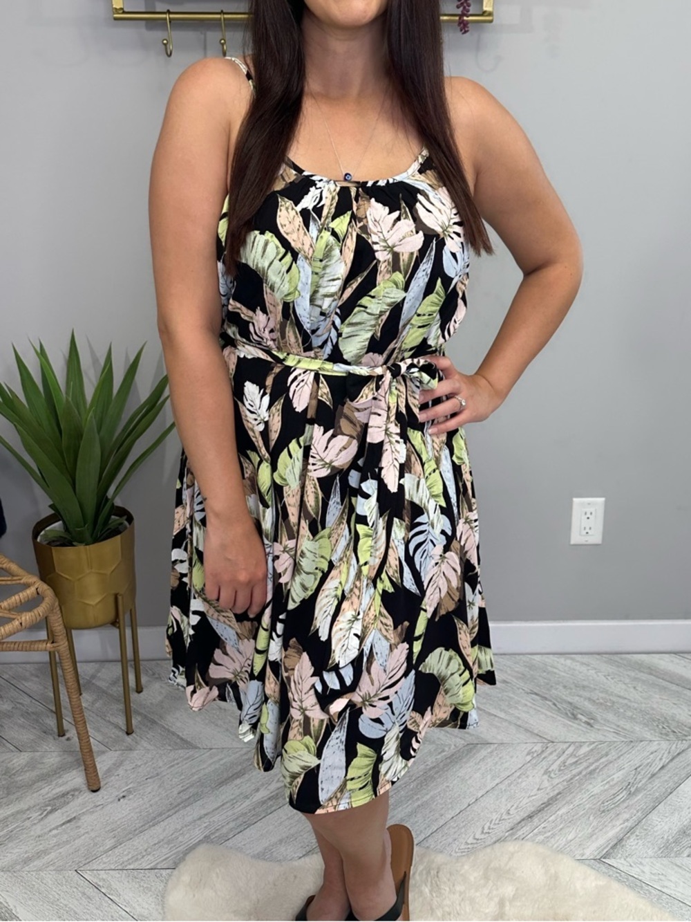 Black Tropical Print Sleeveless A-Line Dress